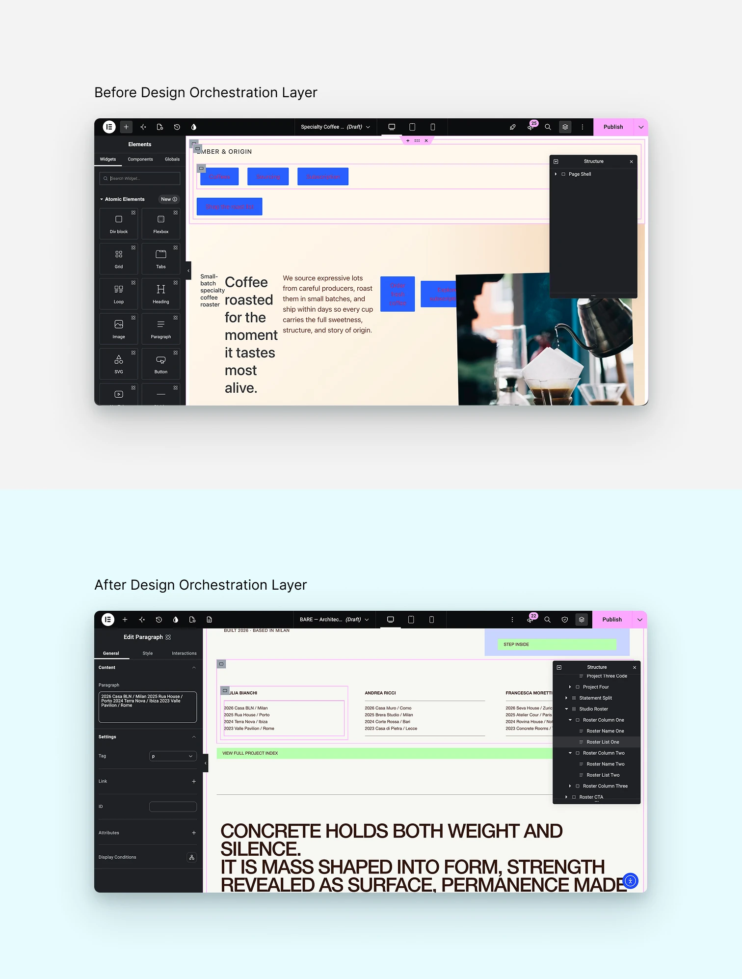 A comparison of an early generic Elementor build and a later build with stronger visual direction and named editable structure