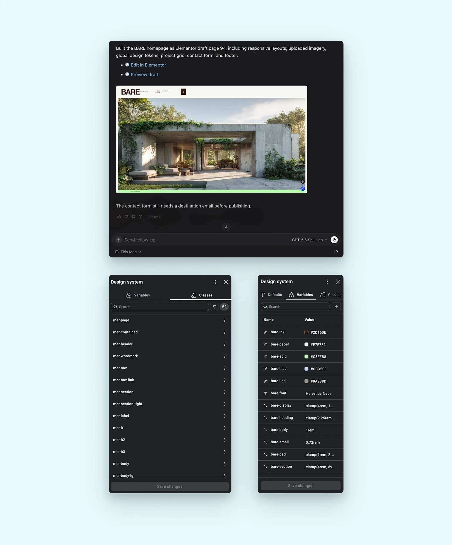 A generated Elementor site preview above the global classes and variables used to keep it editable